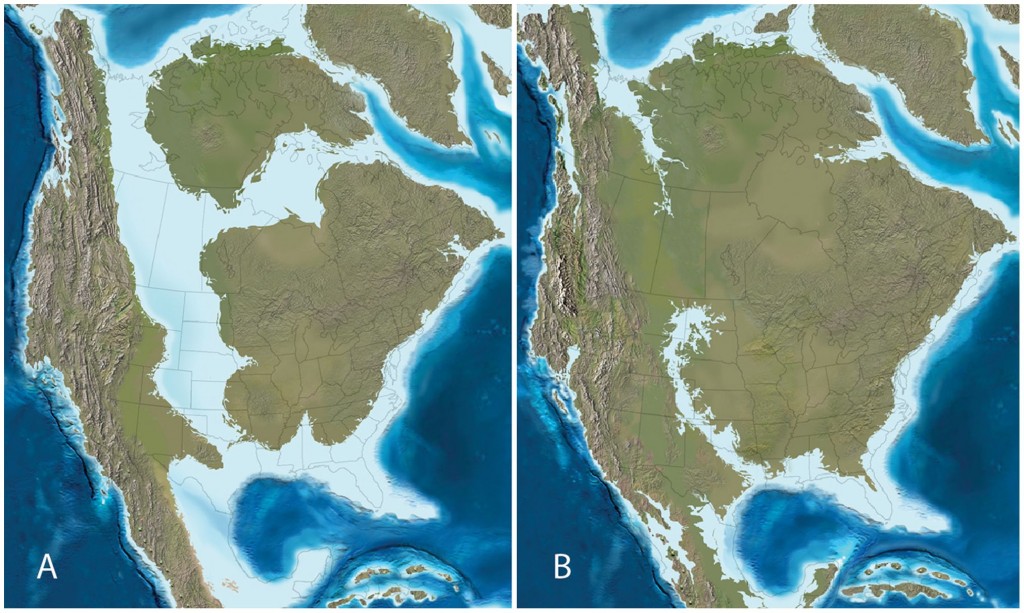Paleogeographic maps of North America during the (A) late Campanian (∼75 Ma) and (B) late Maastrichtian (∼65 Ma).  Research by Dr. Ron Blakey, Northern Arizona University.  Other credits to: Terry A. Gates, Albert Prieto-Márquez, Lindsay E. Zanno. PLOS ONE. 10.1371/journal.pone.0042135.g001.  Retrieved 21:11, Jul 20, 2013 (GMT).
