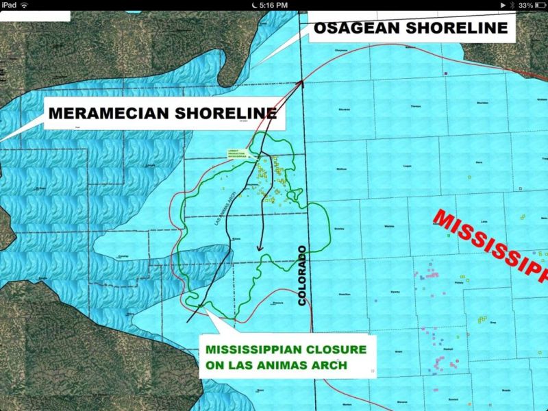 Mississippian Closure on Las Animas Arch  Cheyenne County, Kiowa County and the Las Animas Arch are at the center of this map,  which overlays ancient shorelines over county and state map lines
